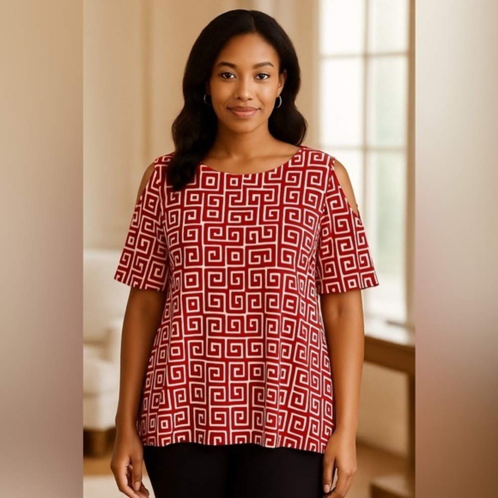 Susan Graver Liquid Knit Red White Greek Key Cold-shoulder Top EUC M #691